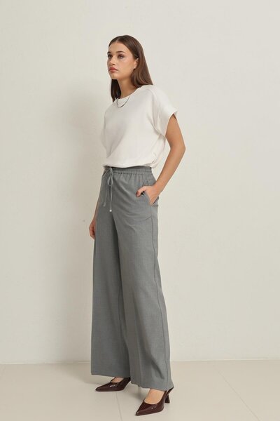 Setre Gri Belden Lastikli Rahat Kesim Geniş Paça Pantolon