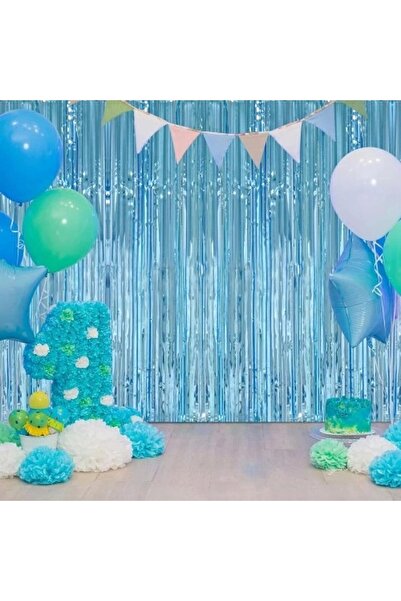 Deniz Party Store Metalize Fon Perde Duvar Perdesi Mavi Renk
