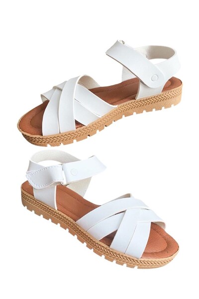 ALTUNTAŞ 2 Pcs ! Girls' Comfortable Sole Summer Velcro Summer Sandals Black and White 2 Pairs