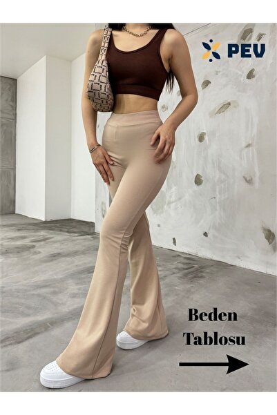 CNRCollection Kadın Bej Esnek Likralı Yüksek Bel İç Göstermez Toparlayıcı İspanyol Paça Tayt Pantolon