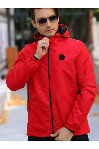 D1fference Ανδρικό αδιάβροχο με κόκκινη επένδυση με αντιανεμική κουκούλα με τσέπες