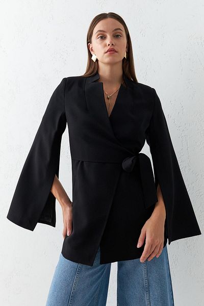 Setre Black Slim Fit Sleeve Detailed Jacket with Tie Detail at the Waist
