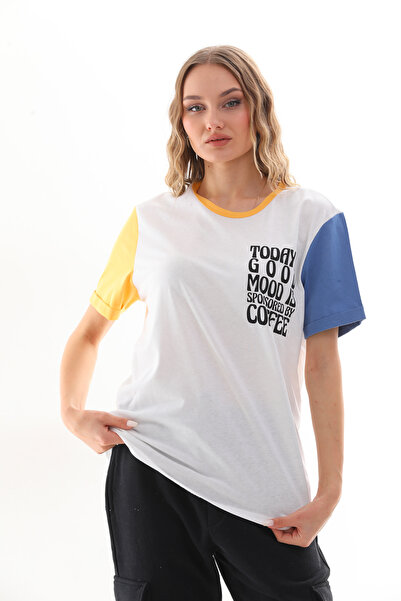 Mood Lab Unisex πολύχρωμο κοντομάνικο λευκό μπλουζάκι με σλόγκαν με στάμπα