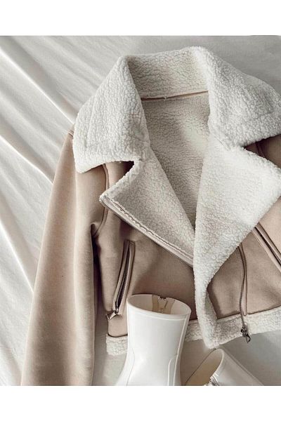 CIQULATA Béžová Cyklistická bunda My Bella Boutique Fur Collar Suede
