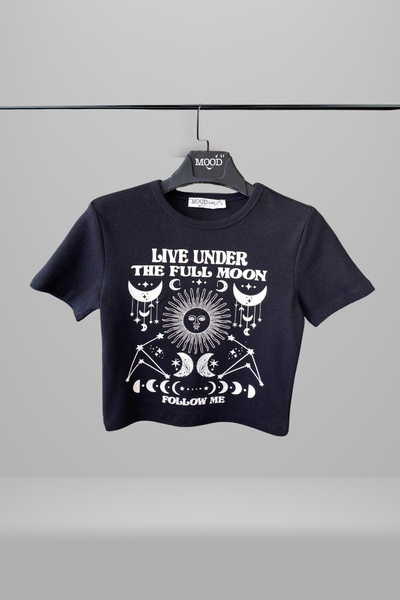 Mood Lab Tricou de damă Crop Moon cu decolteu rotund