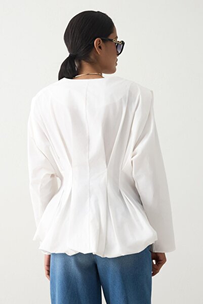Setre Ecru 100% Cotton Comfortable Fit Blouse with Drawstring Detail at the Waist
