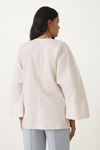 Setre Krem V Yaka Büzgü Detaylı Pamuklu Gömlek