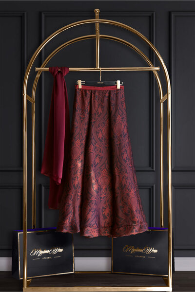 Muslima Wear Gloria Burgundy Oriental Floral and Ruby Pattern Double-Lined Silky Texture Chiffon Skirt