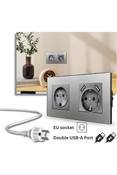 iUni Double socket with tempered glass frame, 2 USB-A ports, iUni US2, 16A, Silver