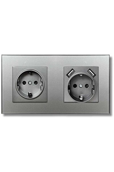 iUni Double socket with tempered glass frame, 2 USB-A ports, iUni US2, 16A, Silver
