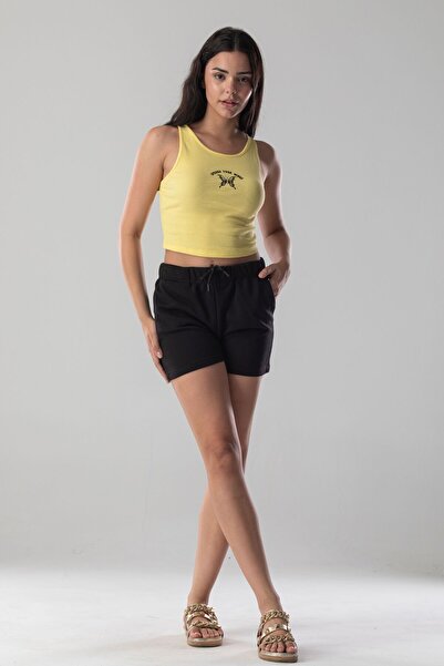 Mood Lab Halter Yaka Atlet Crop Slogan Baskılı Pamuklu Fitilli Örme Kaşkorse Likralı Top