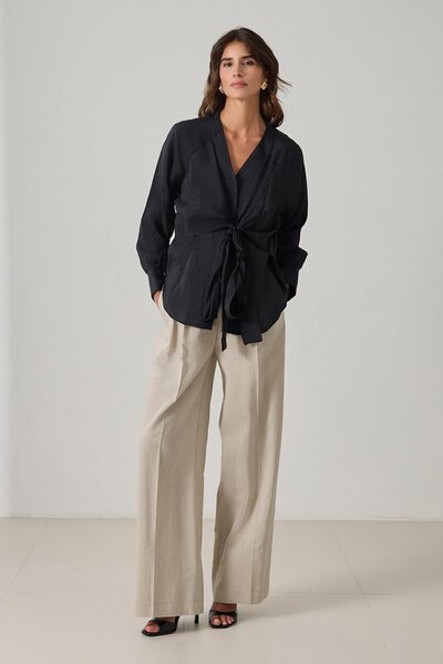 Setre Black Double Breasted Collar Tie Detail Long Sleeve Wide Fit Blouse
