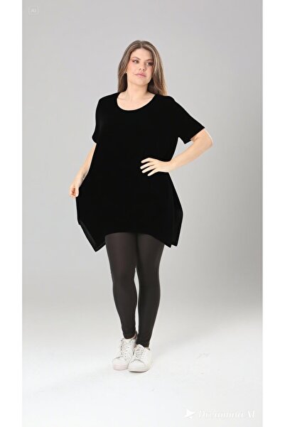 Şans Kadın Büyük Beden Siyah Bürümcük Kumaş Etek Ucu Kup Detaylı Kısa Kollu B...