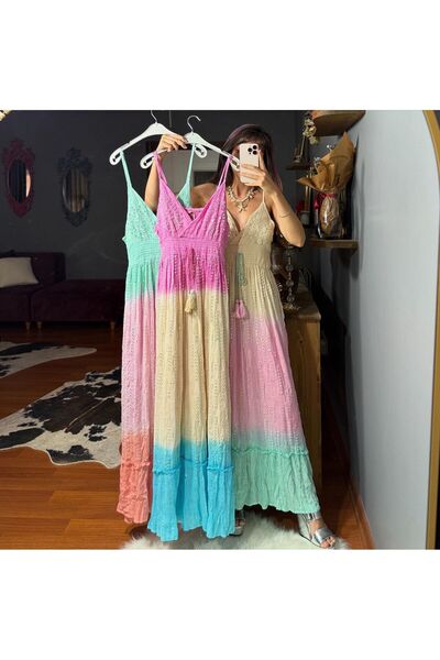 MODAGK İthal Askılı Batik desenli bohem elbise