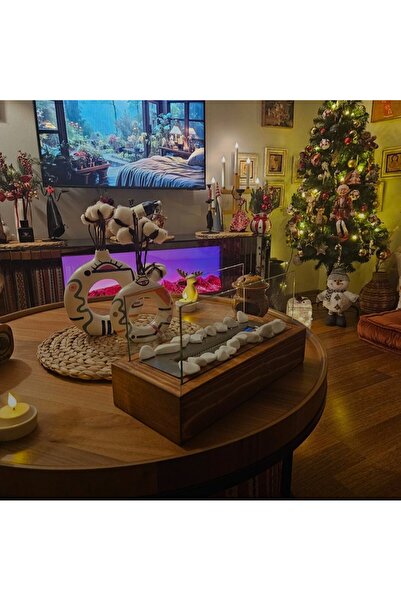 ALİTİKİ Ahşap Masa Üstü Şömine Sertifikalı Yakıt Ve Dekoratif Taş Hediyeli