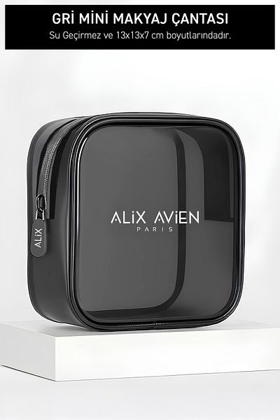 Alix Avien حقيبة مكياج رمادية صغيرة - حقيبة مستحضرات تجميل رمادية