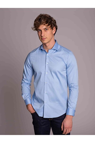 Dufy Mavi Erkek Slim Fit Düz Paul Yaka Uzun Kol Gömlek