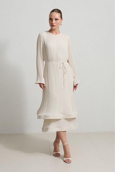 Setre Cream Pleated Relaxed Cut Dress