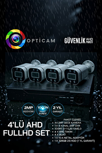 Opticam 4 KAMERALI FULLHD GECE SİYAH BEYAZ SU GEÇİRMEZ GÜVENLİK KAMERA SETİ 3...