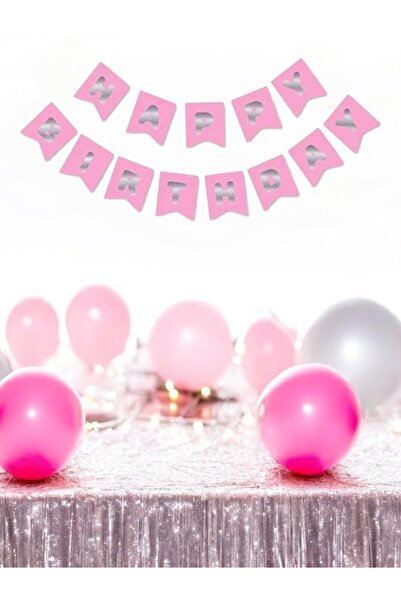 Deniz Party Store Ροζ Επιγραφή Happy Birthday - Ασημένιο φύλλο