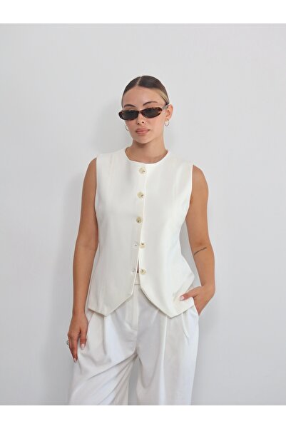 Zey Studio Vestă premium de damă, ecru, cu decolteu triplu, cu croiala asimetrică