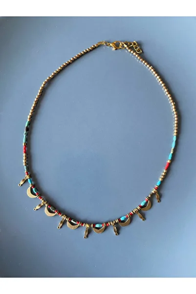 dela otantik Bohemian Necklace with Turquoise and Red Beads – Authentic Ethnic Bijoux Jewelry with Handmade Half Moon Detail