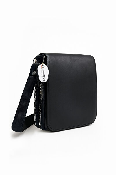 westbag Hakiki Deri Unisex Siyah Çift Fermuarlı Uzun Askılı Omuz ve Çapraz As...