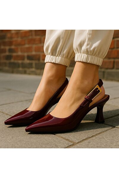 adelix Kadın Topuklu Tokalı Rugan Stiletto Ayakkabı Bordo