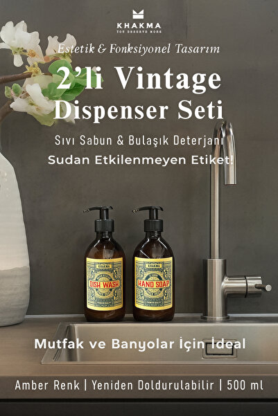 KHAKMA 500 ml Amber Renkli 2'li Vintage Cam Sabunluk Seti