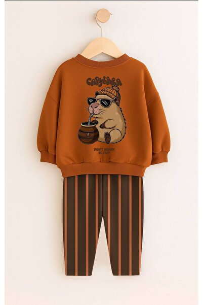 CAPPA KIDS Unisex 3 iplik Şardonsuz Pamuklu Sevimli Capybara Baskılı Alt Üst Takım