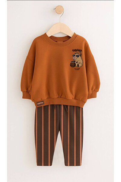 CAPPA KIDS Unisex 3 iplik Şardonsuz Pamuklu Sevimli Capybara Baskılı Alt Üst Takım