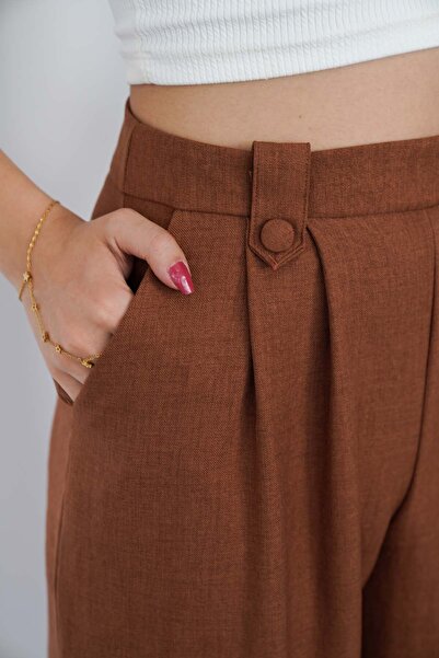 polle Παντελόνι Palazzo με κουμπιά λινό καφέ ψηλόμεσο