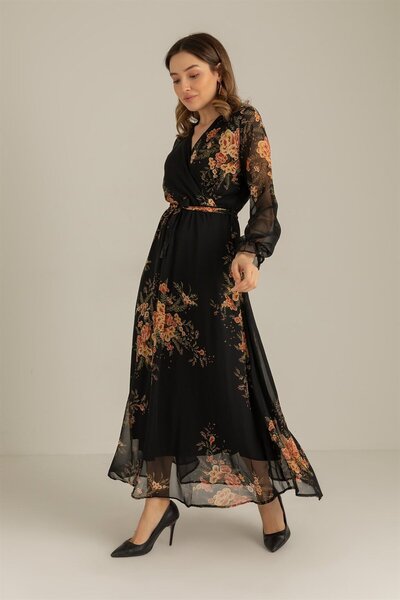 AZRA BUTİK Long Yellow Floral Chiffon Dress - Black