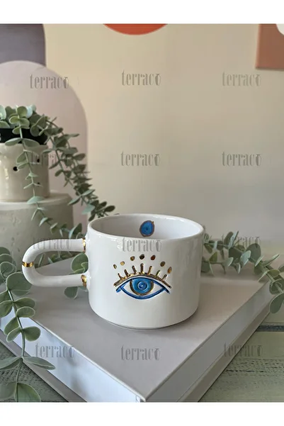 terraco ceramic Handmade Ceramic Mug with Two-Way Evil Eye Pattern and Gold Detail