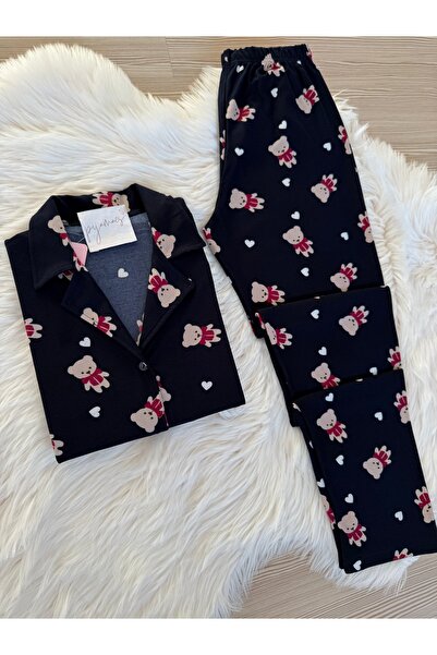 Pijamacs Ayıcık Ve Kalp Desenli Süet Gömlek Yaka Uzun Kol Pijama Takımı