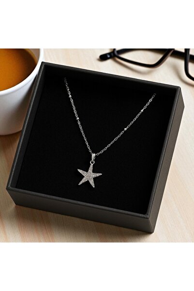 Bizle Tasarla Zirkon Taşlı Deniz Yıldızı Çelik Kolye, Boncuklu Zincir