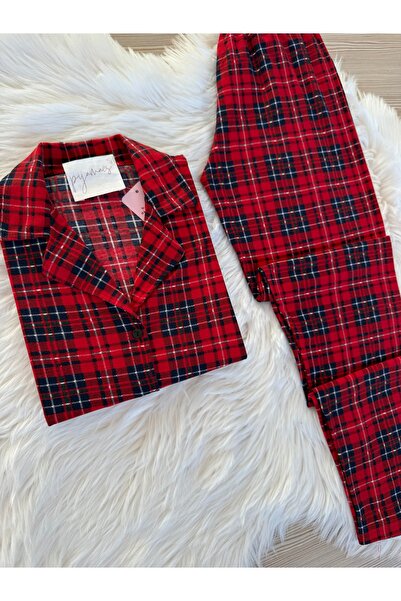 Pijamacs Velúr inggallér kockás mintás hosszú ujjú pizsama szett