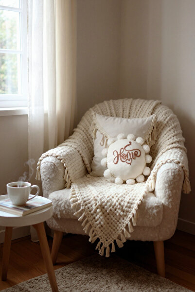 Zuviel Deco Handmade 40x40 Home Ponponlu Punch Yuvarlak Kırlent