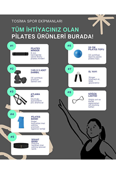 Tosima 9 Parça Pilates & Fitness Seti – 6mm Pilates Minderi, Dambıl, Atlama İpi, Pilates Topu, Lastikler