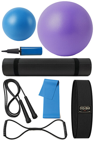 Tosima Pilates & Spor Seti – 6mm Pilates Minderi, 55cm & 20cm Top, Atlama İpi...