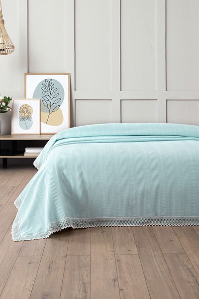 Sevim 100% Cotton Double Two Color Kopanaki Lace Waffle Pique-210X230 Cm-Baby Blue