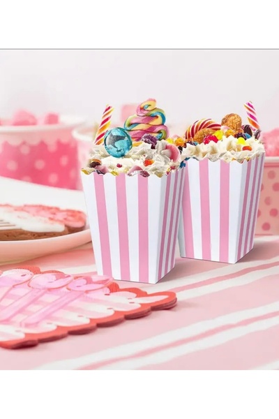 Deniz Party Store علبة رقائق الذرة الفشار كرتون مقلم باللون الوردي والأبيض 8 قطع