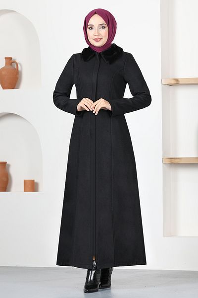 ModaMerve Fur Stamped Coat End5563 Black