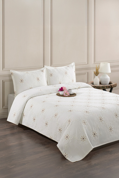 CANDAN ÇEYİZ Papatya Ecru Brown Embroidered Double Pique Coverlet 3 Piece Bedspread
