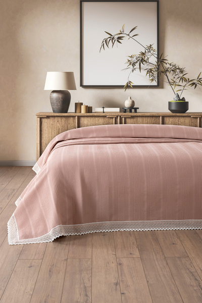 Sevim 100% Cotton Double Two Color Kopanaki Lace Waffle Pique-210X230 Cm-Dusty Rose