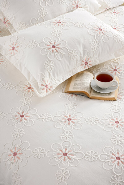 CANDAN ÇEYİZ Papatya Ekru Pudra Nakışlı Çift Kişilik Pike Örtü 3 Parça Yatak Örtüsü