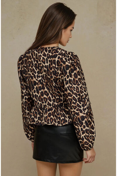 Hiccup Leopard Pattern V-Neck Blouse with Lacing Detail