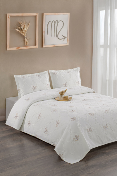 CANDAN ÇEYİZ Başak Ecru Brown Leaf Embroidered Double Pique Coverlet 3 Piece Bedspread
