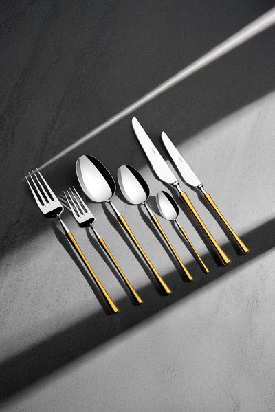 Nehir Marbella Gold Satin 12-Person 84-Piece Leather Cutlery Set