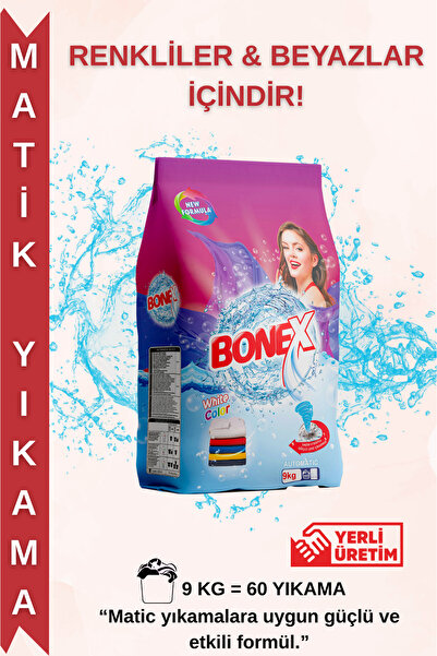 Bonex 9 Kg Toz Çamaşır Deterjanı – Beyazlar ve Renkliler İçin Güçlü Leke Çıkarıcı, 60 Yıkama